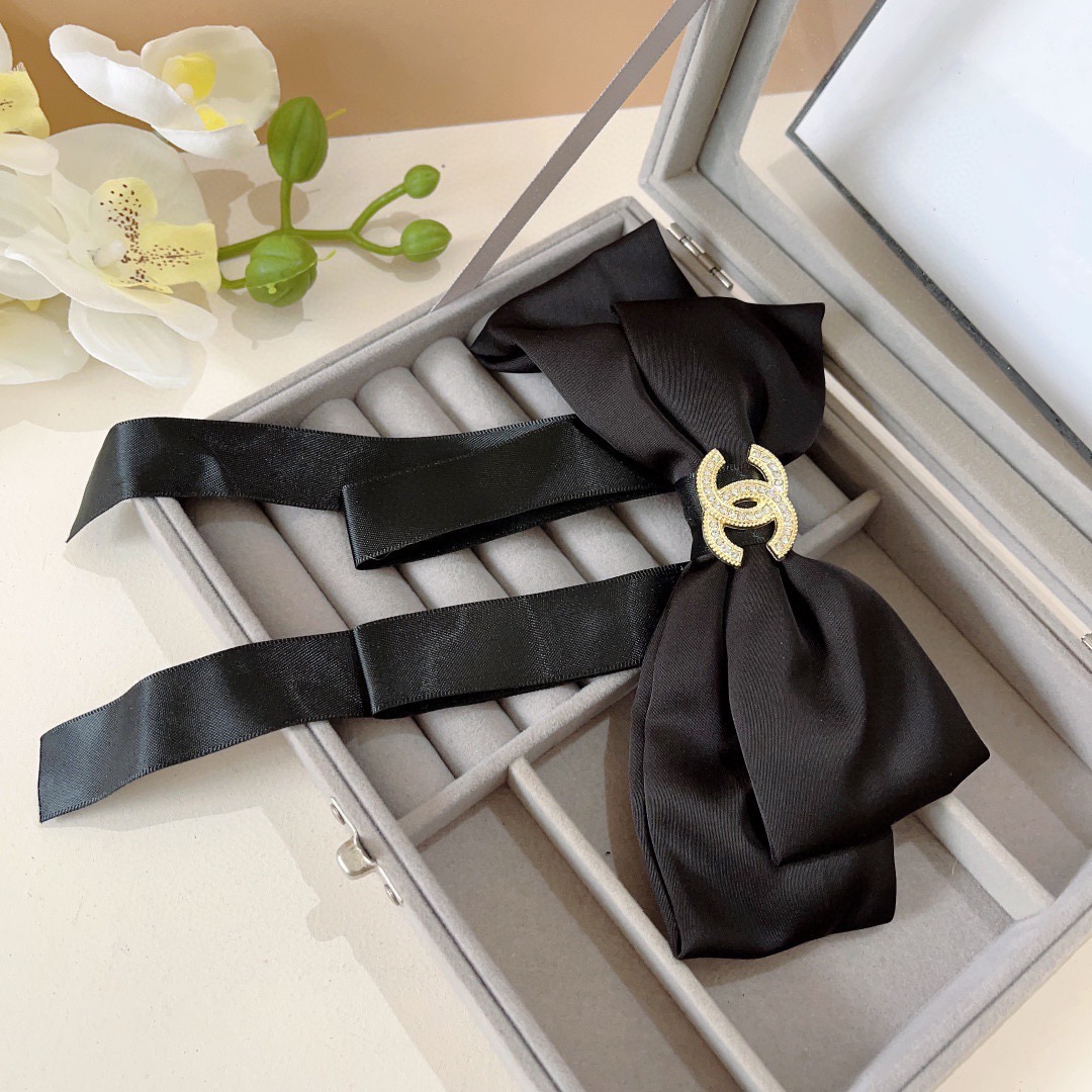 Chanel Satin Bow Hair Accessory Rhinestone CC Logo Metal Claw Clip