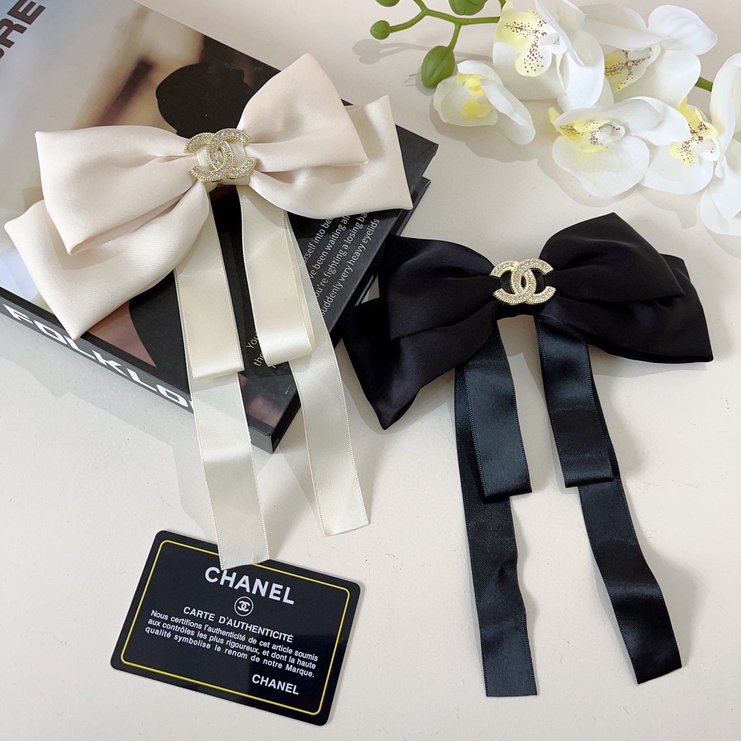 Chanel Satin Bow Hair Accessory Rhinestone CC Logo Metal Claw Clip