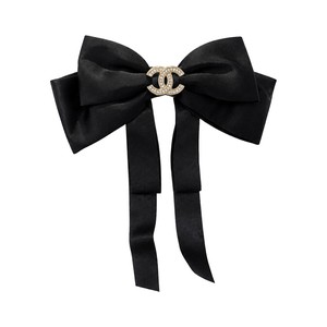 Chanel Satin Bow Hair Accessory Rhinestone CC Logo Metal Claw Clip