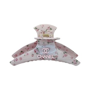 Chanel Floral Print Acetate Hair Claw Clip Logo Plaque Spring Clip