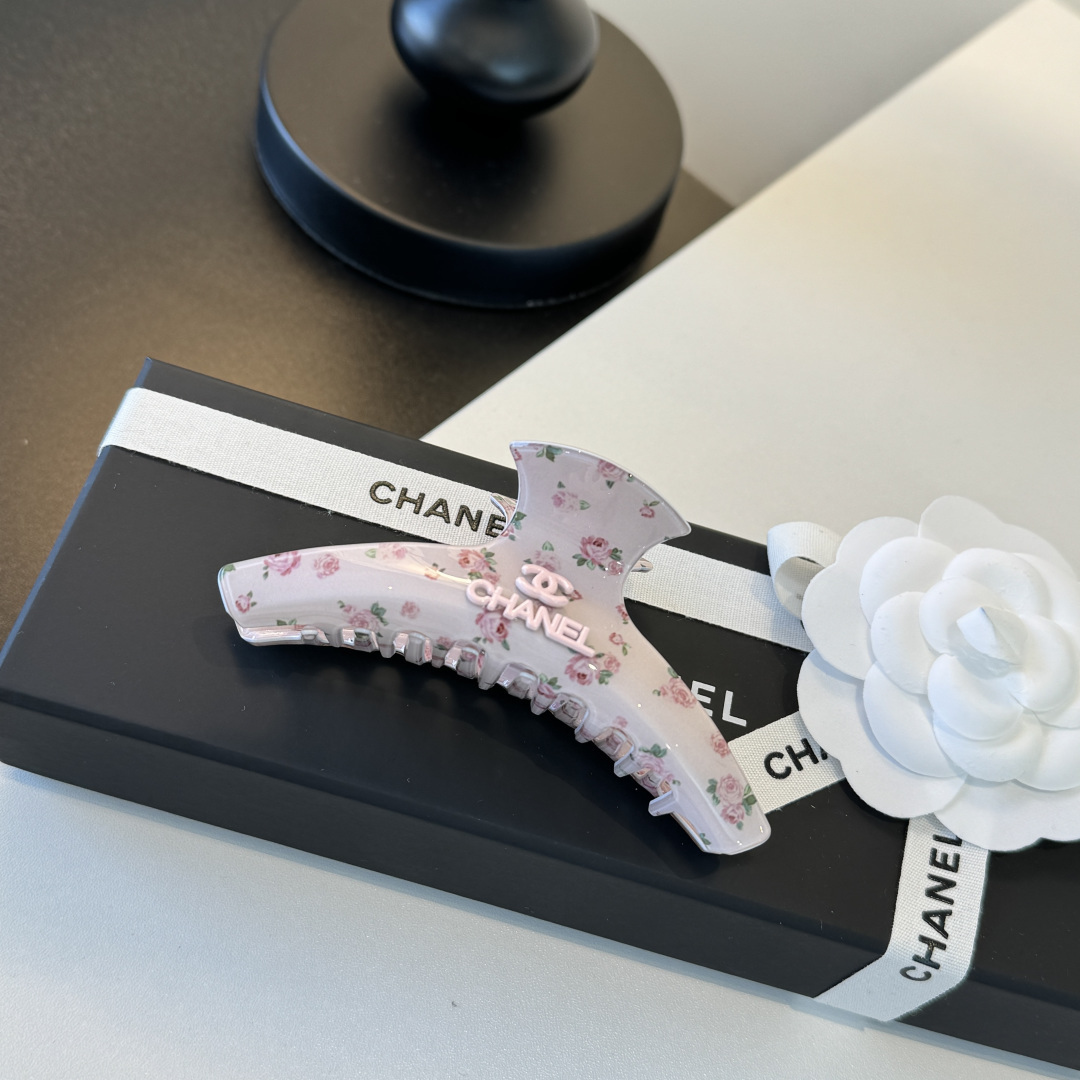 Chanel Floral Print Acetate Hair Claw Clip Logo Plaque Spring Clip