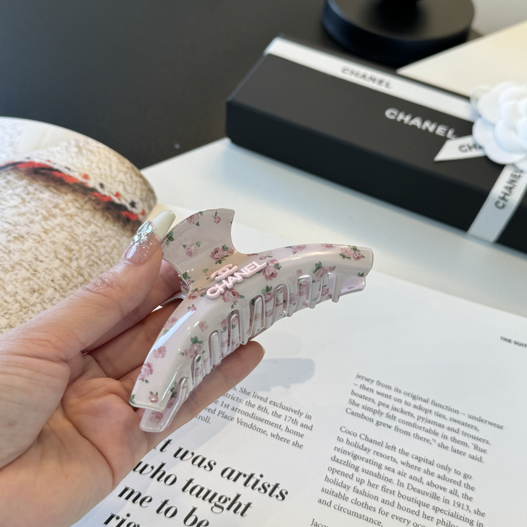 Chanel Floral Print Acetate Hair Claw Clip Logo Plaque Spring Clip