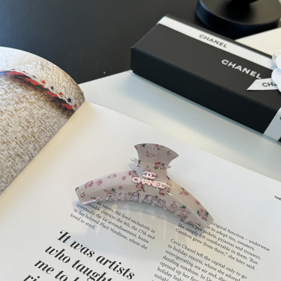 Chanel Floral Print Acetate Hair Claw Clip Logo Plaque Spring Clip