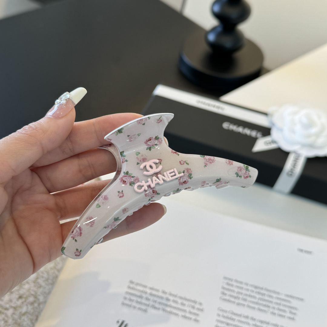 Chanel Floral Print Acetate Hair Claw Clip Logo Plaque Spring Clip